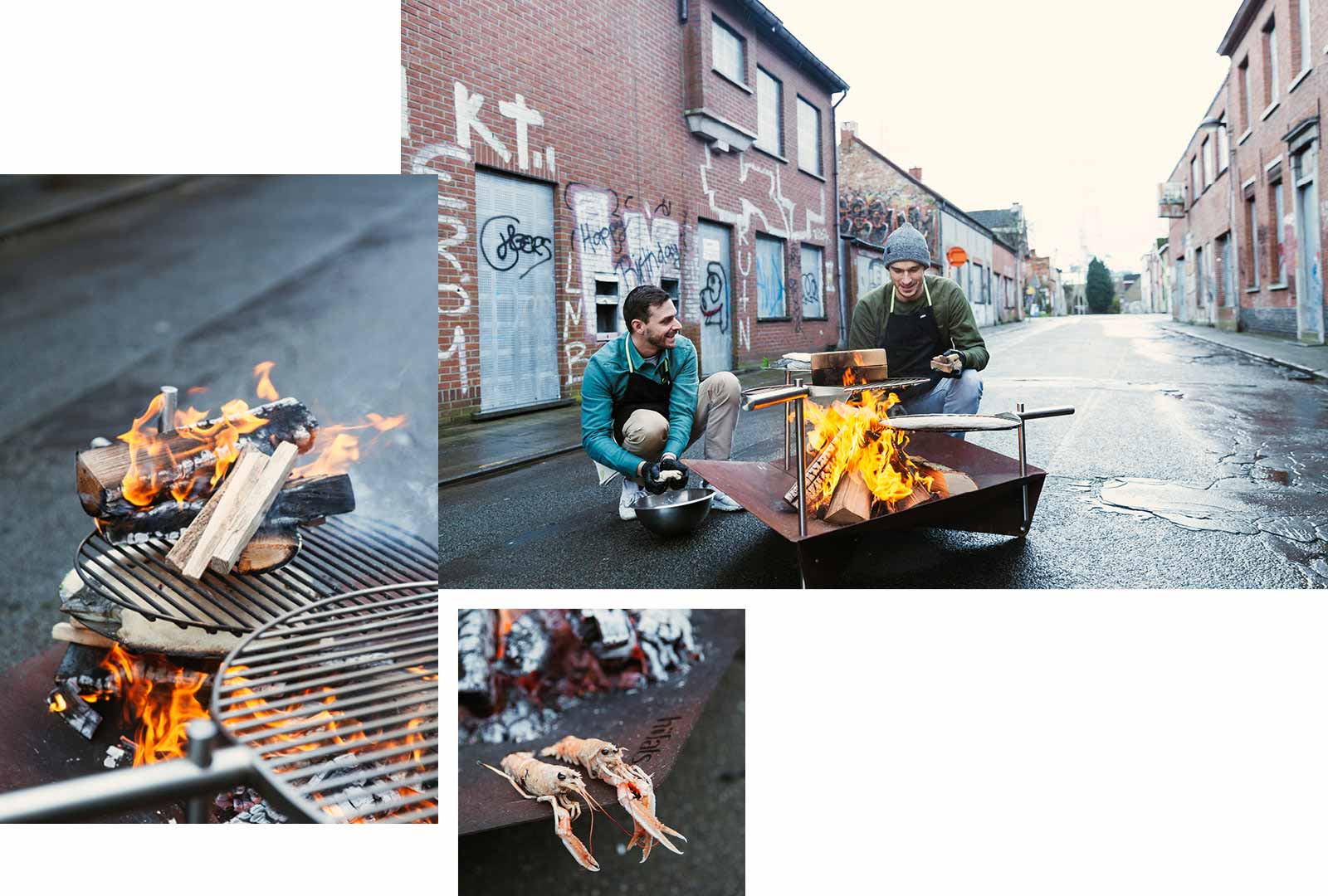 Ein Mann sitzt auf einer Bank neben einem Feuerplatz.
