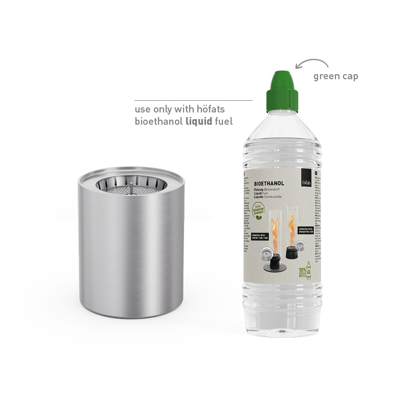 Bioethanol-Burner 1200 mit Eco-Ring und Löschdeckel Eine Flasche Ethanol und ein BioBurner