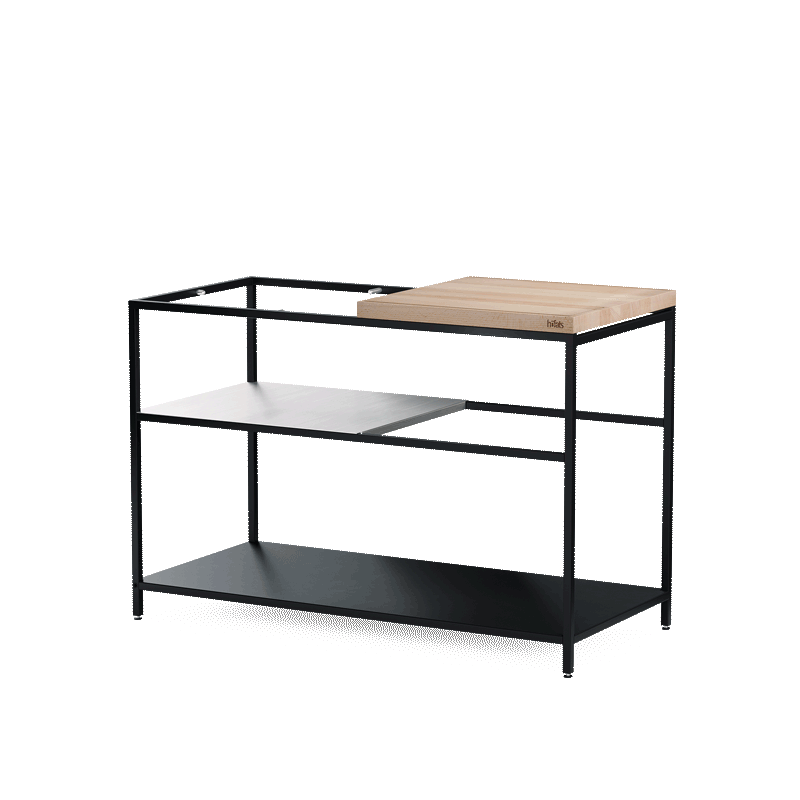 The photo presents a black metal and wood side table with a wooden top, with the FIRE KITCHEN.