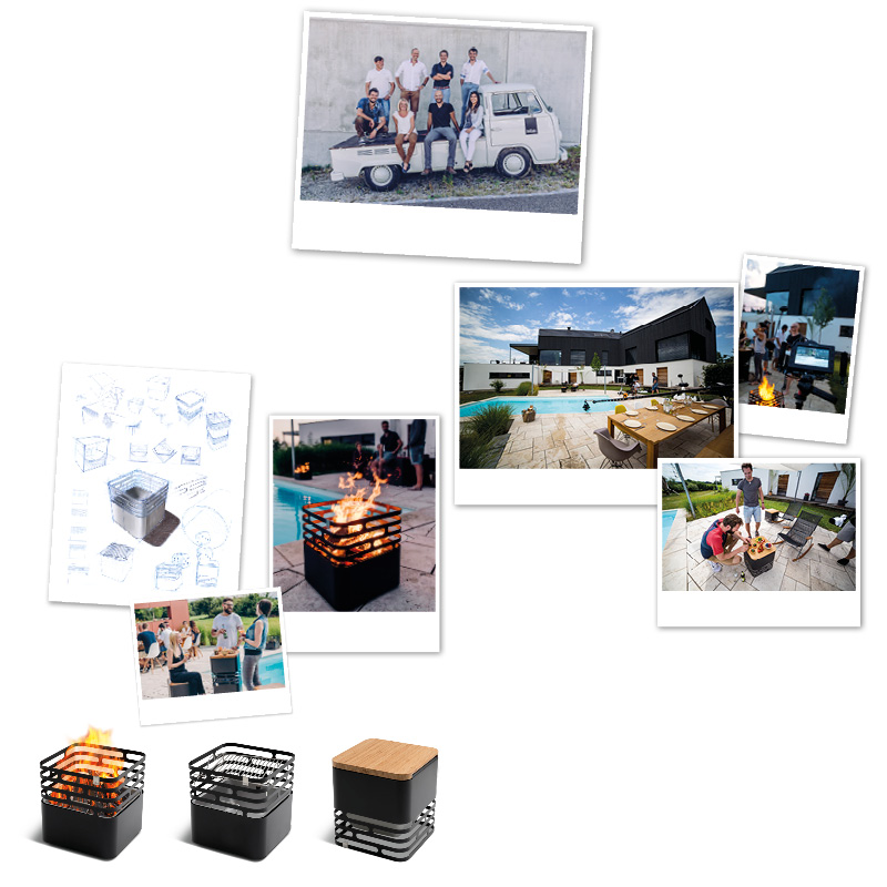 Un collage de photos de personnes autour d'un brasero.