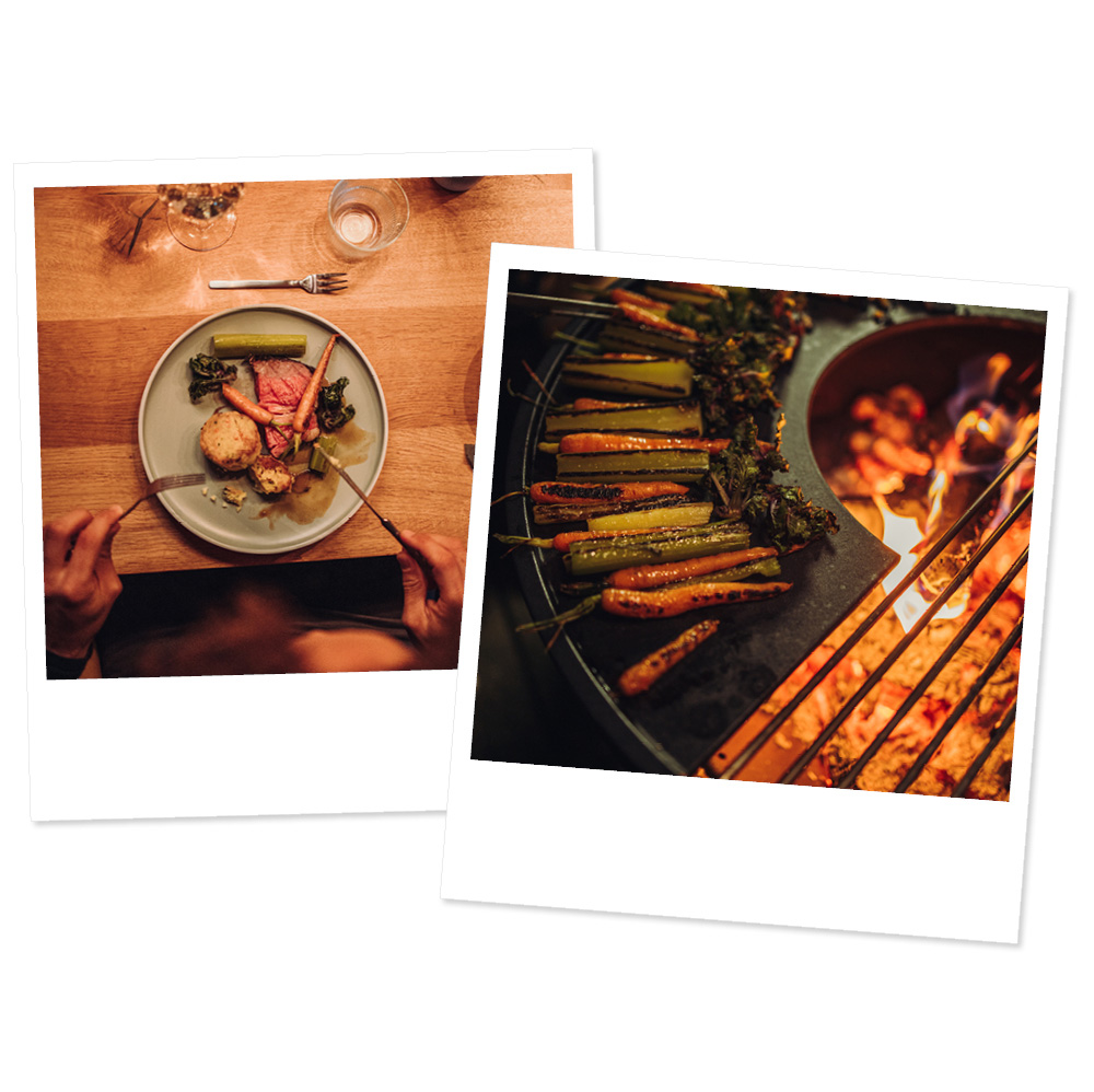 Hier sind zwei Bilder von Essen auf einem Tisch, mit der BOWL Fire Bowl.