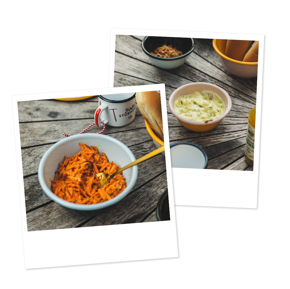 two pictures of food on a table