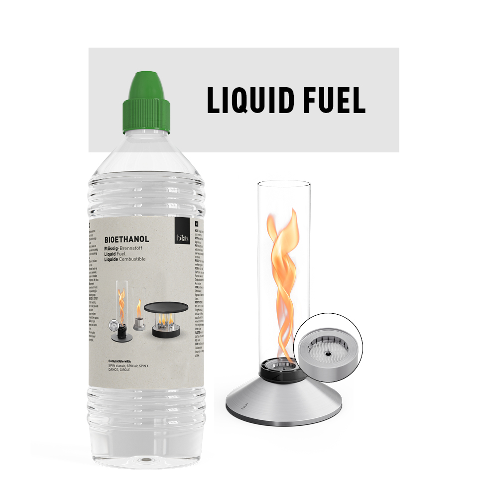 Übersichtsbild mit links einer Flasche flüssigem Bioethanol und rechts einem brennenden SPIN X. Bioethanol für SPIN X