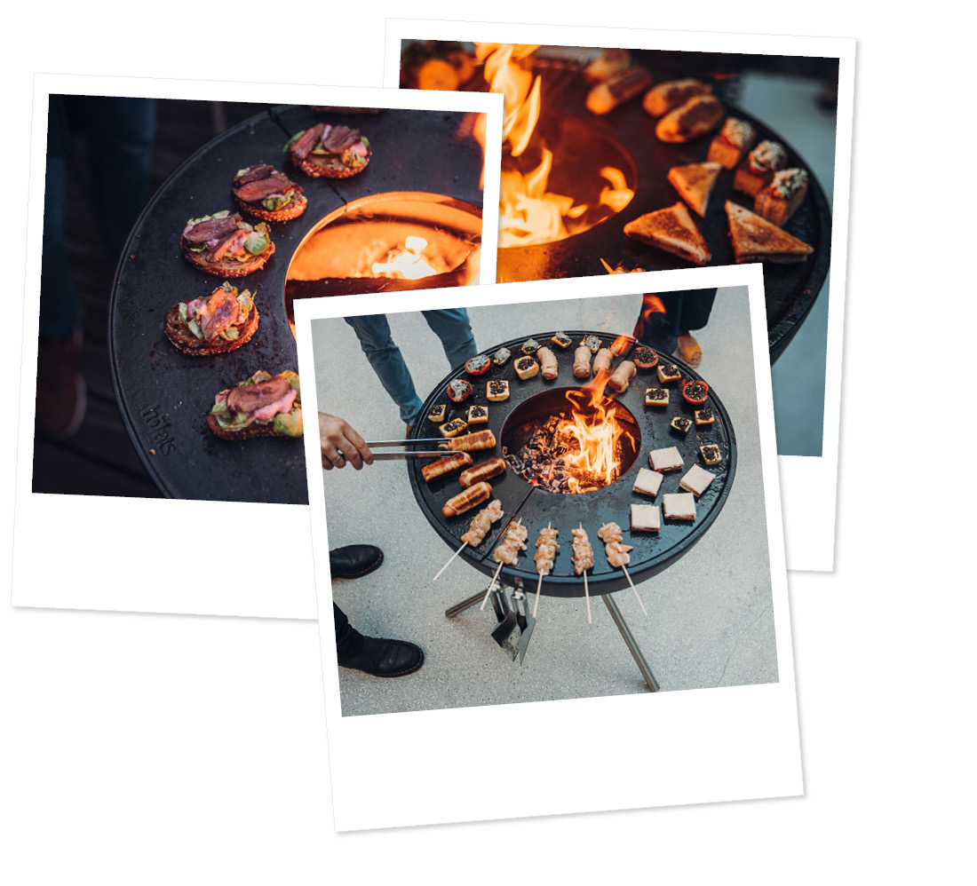 Une image montrant quelques photos de nourriture sur un grill, avec la CUBE Plancha.