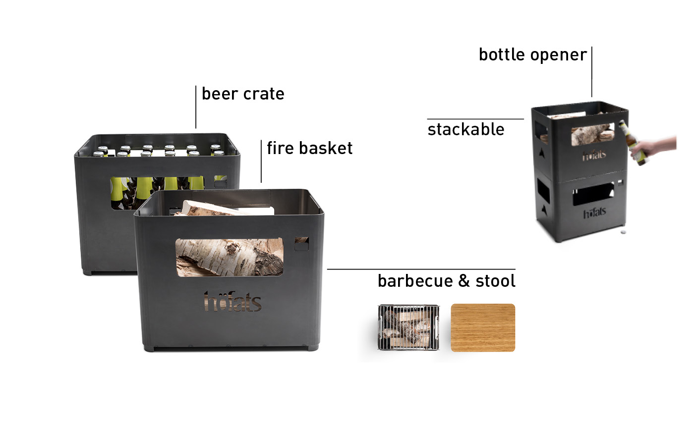 A depiction of the Beer Box Firebasket showing its accessories and different usecases