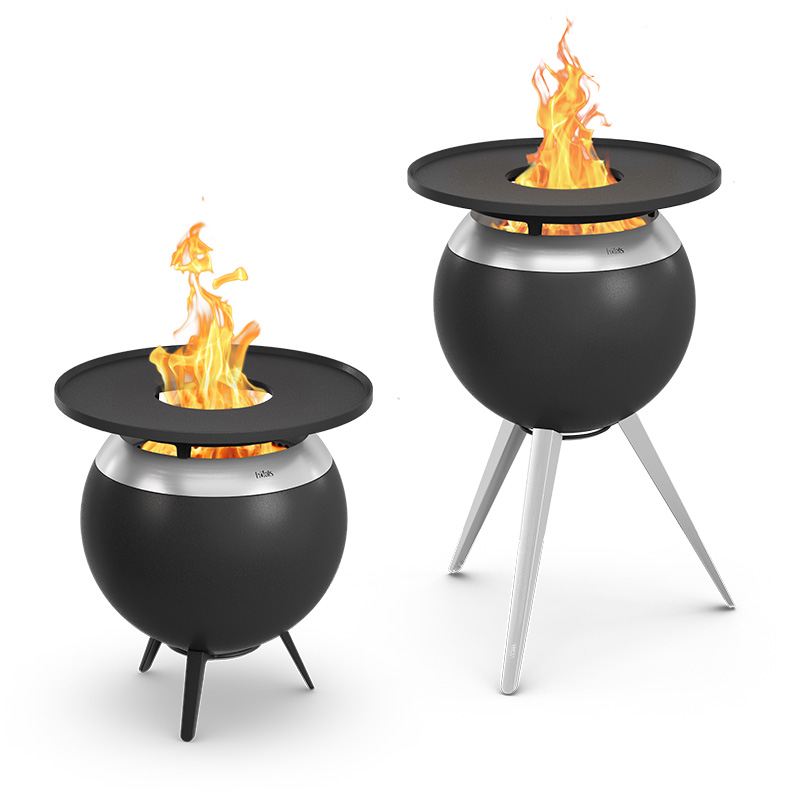 MOON 45 Plancha Une représentation du brasero MOON 45 montrant sa variante haute et basse avec une Plancha dessus.