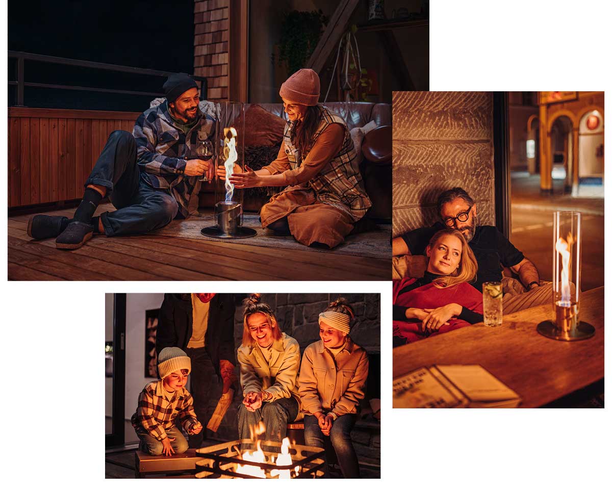 Eine Collage von Menschen, die um ein Feuer sitzen