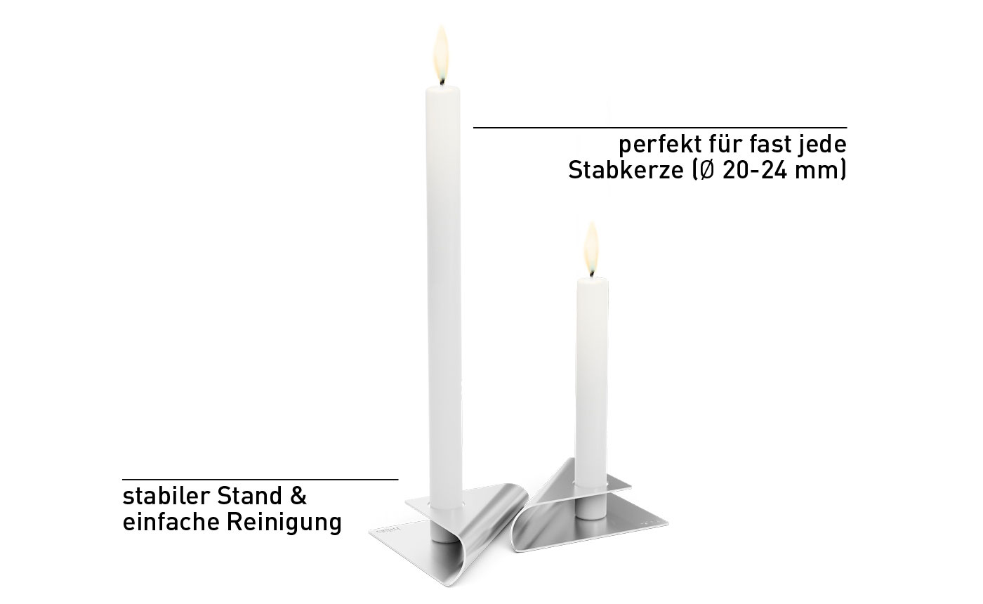 Hier ist eine weiße Kerze mit einem schwarzen Kerzenhalter abgebildet, mit der QUADRATISCHEN KERZE (Matrix - Elternteil).