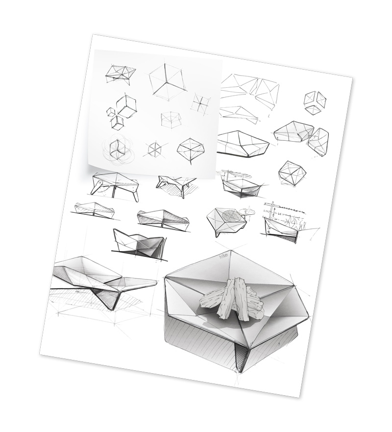 Szene, die ein weißes Blatt mit einer schematischen Zeichnung des Triple Fireplaces zeigt