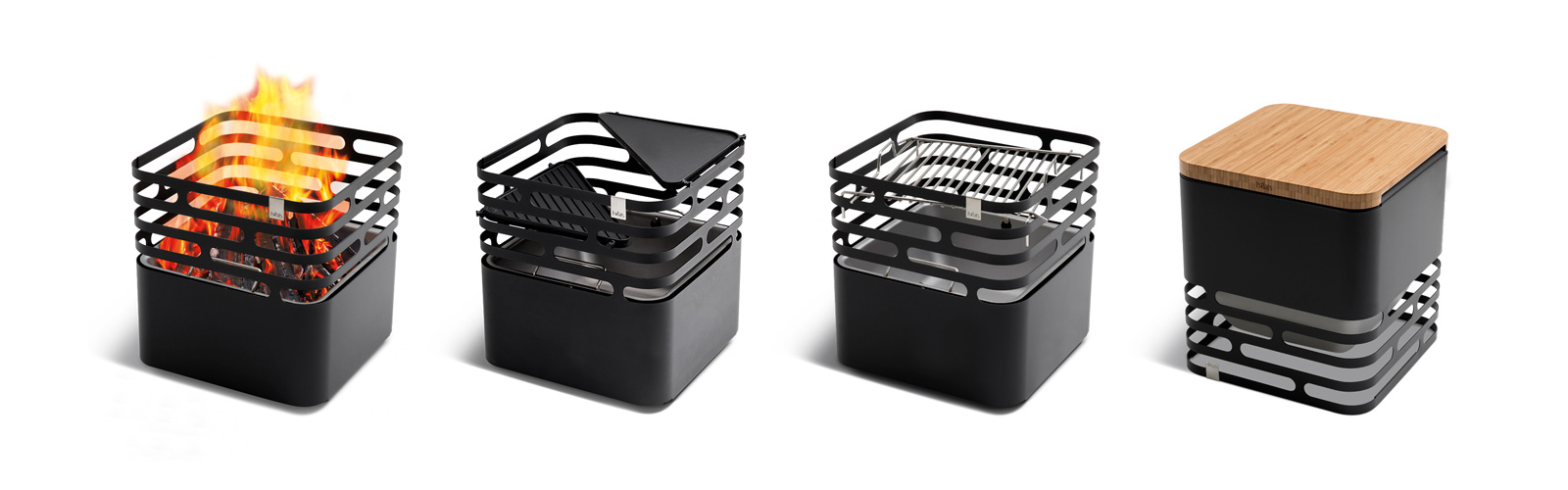 This image shows three different types of lighters with a flame, with the CUBE Fire basket black.
