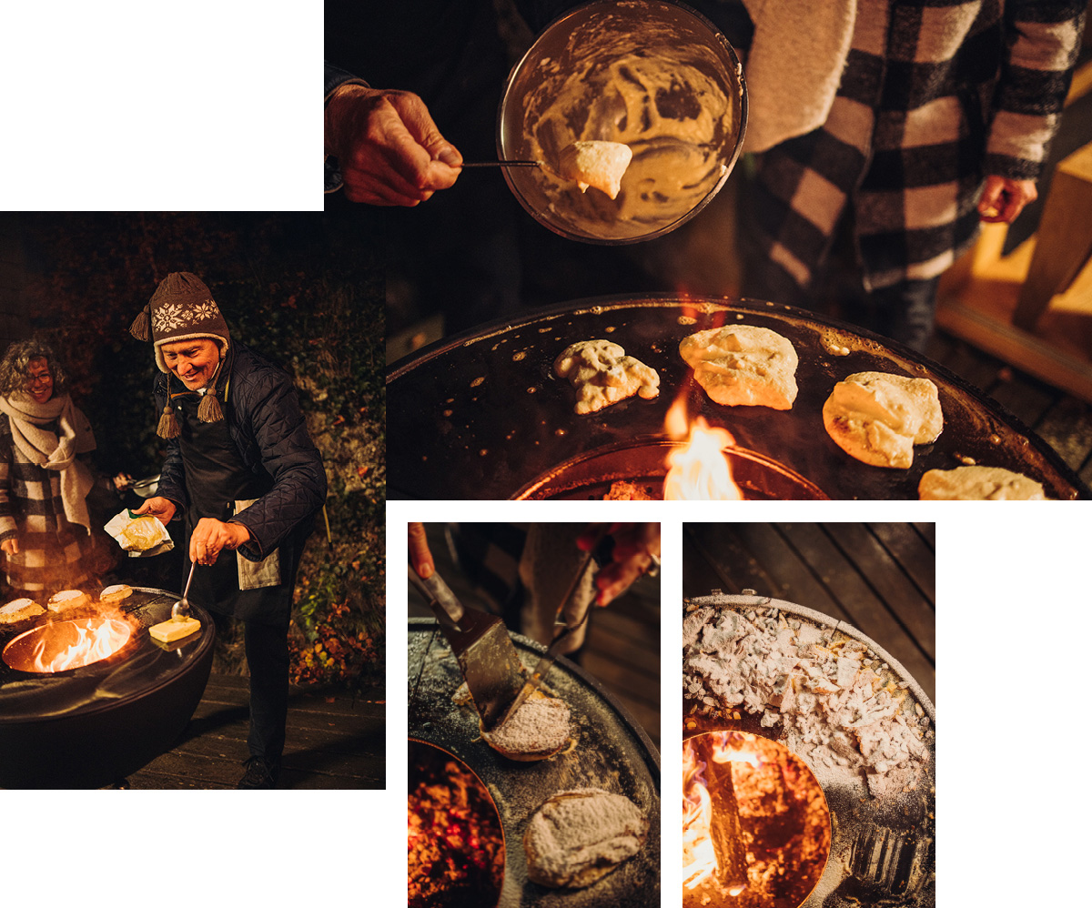 Auf dem Bild ist ein Mann zu sehen, der Essen auf einem Grill zubereitet, mit der BOWL Feuerschale.