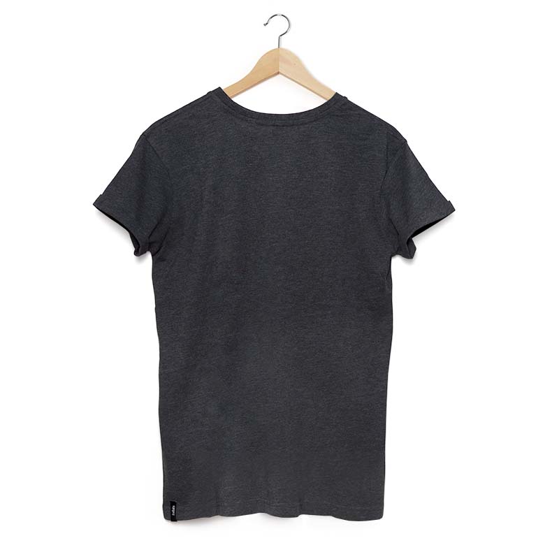 SHIRT Men grey M Illustrated is a black t shirt hanging on a wooden hanger, with the SHIRT Men grey S.