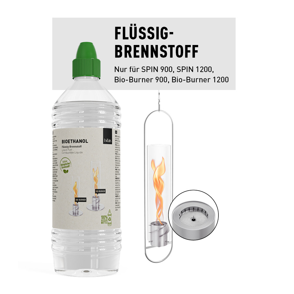 Eine Flasche flüssiges Bioethanol und ein SPIN Hanging Feuer daneben