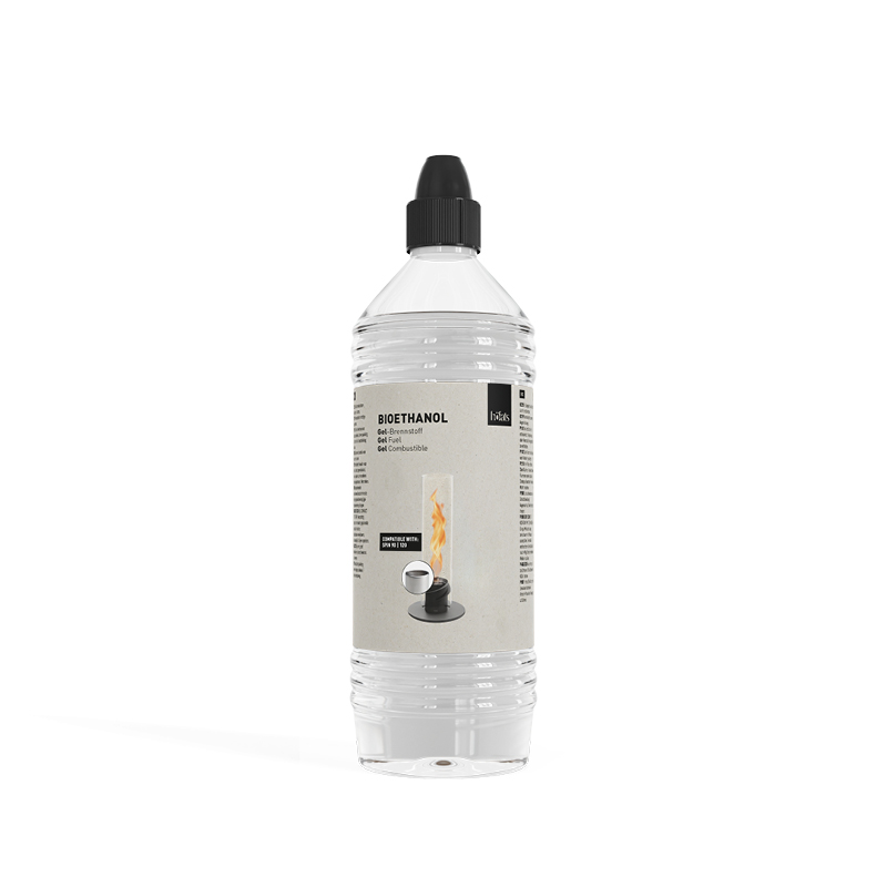 Bioethanol Gel Fuel 1l Bottle A bottle of liquid with a black cap, showing the 090801 Bioethanol Gel 1 liter bottle.