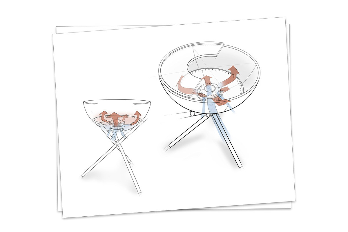 Cette image montre un dessin d'un barbecue avec un verre de vin, avec le cendrier BOWL 57.