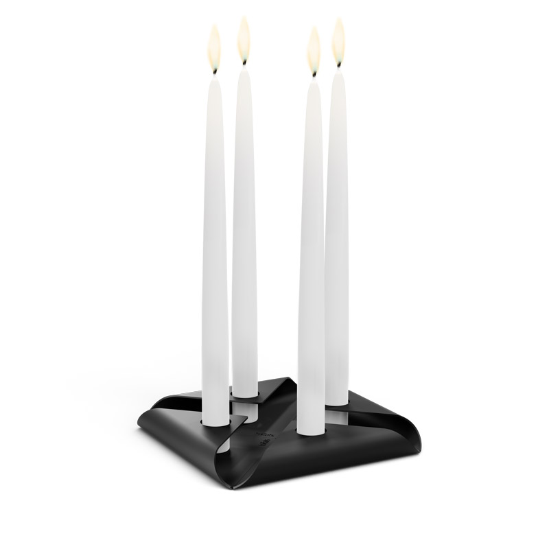 SQUARE CANDLE Candleholder black Illustrated is a pair of white candles on a black stand, with the SQUARE CANDLE Candleholder Set black.
