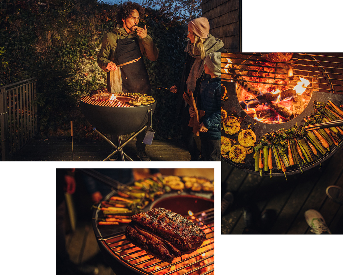 Das Foto zeigt ein Paar beim Kochen auf einem Grill mit der BOWL Feuerschale.