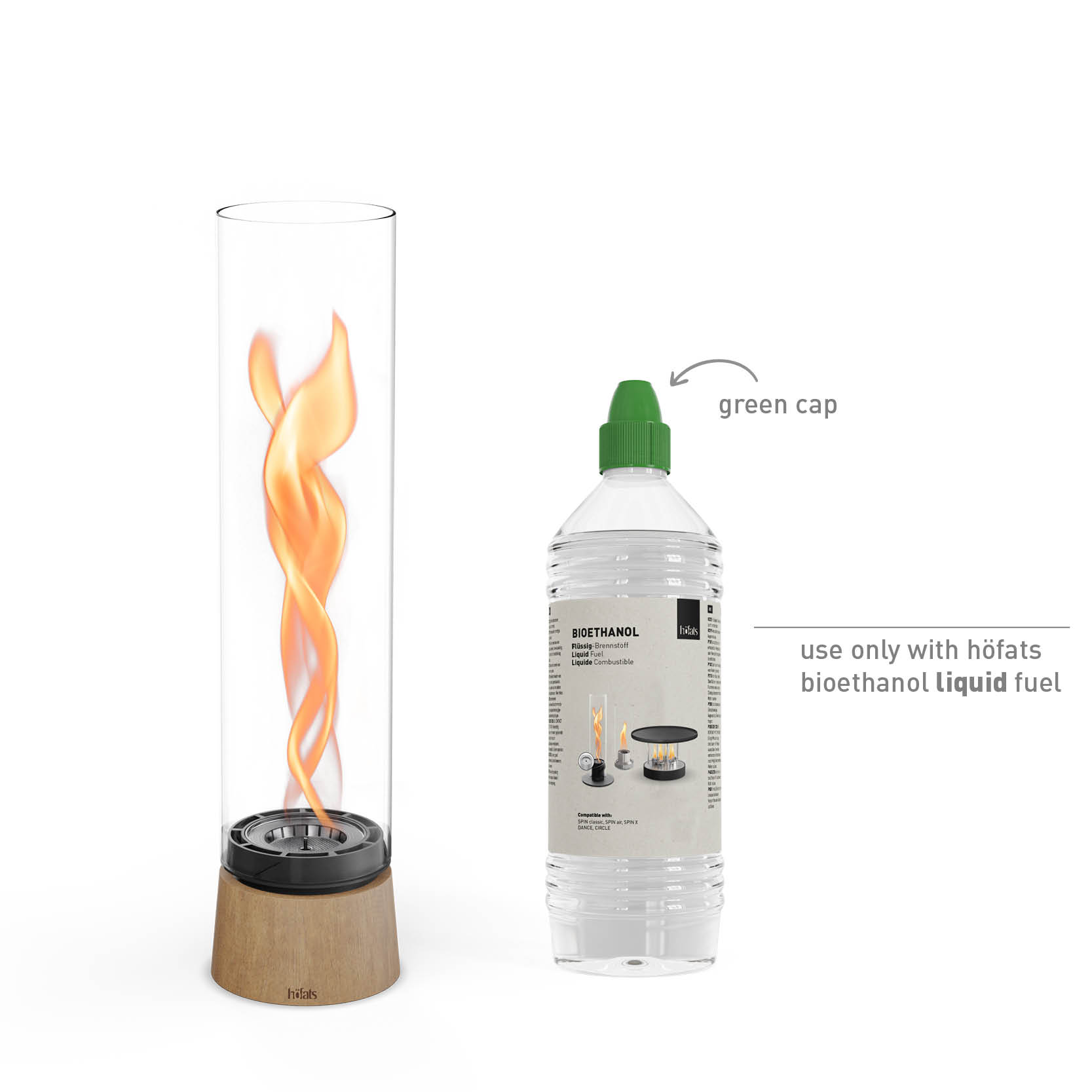 SPIN air 900 Tabletop fireplace oak SPIN air 900 Tischfeuer Eiche Studiobild, daneben Bioethanol flüssig Studiobild