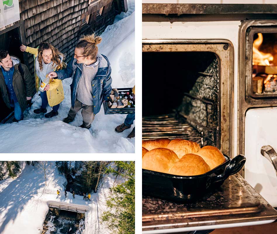 a winter scenary and a couple buns cooking in the oven