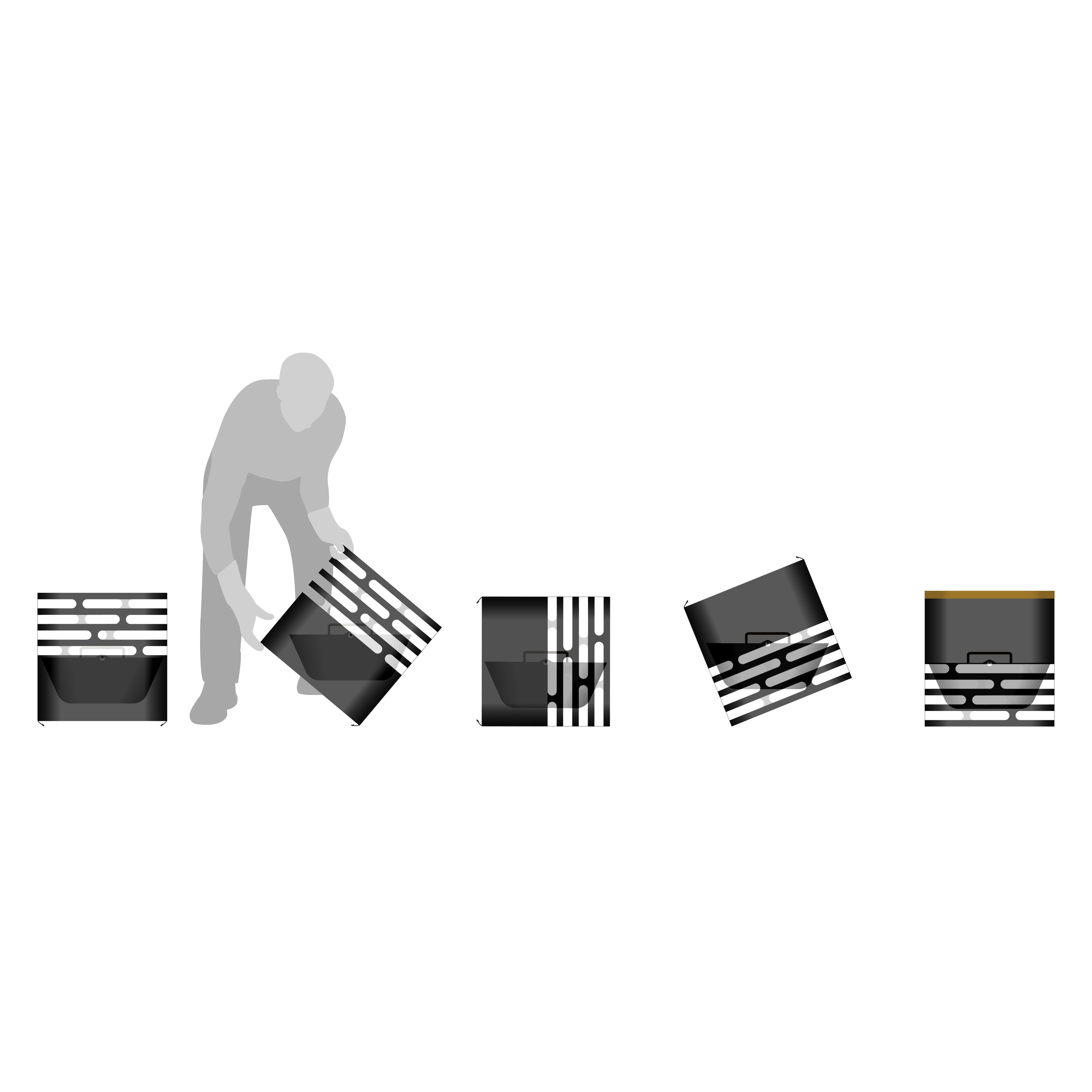 CUBE Brasero acier corten La photo présente un homme poussant une pile de boîtes avec le CUBE Tablette.