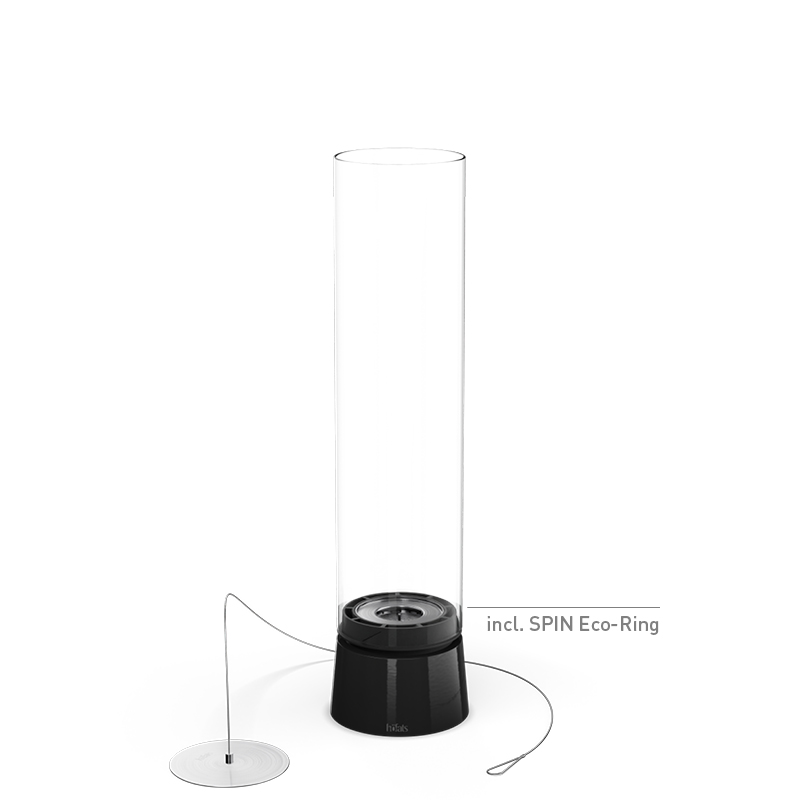 Le 00777 SPIN air 1200 Feu de Table émail noir est présenté comme une base noire avec un cylindre en verre, créant une image élégante et accessible.
