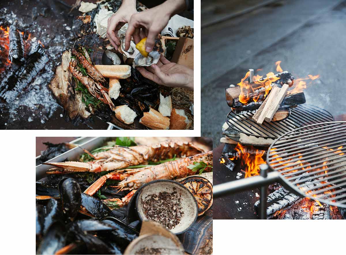 a collage of a man cooking seafood on a grill.