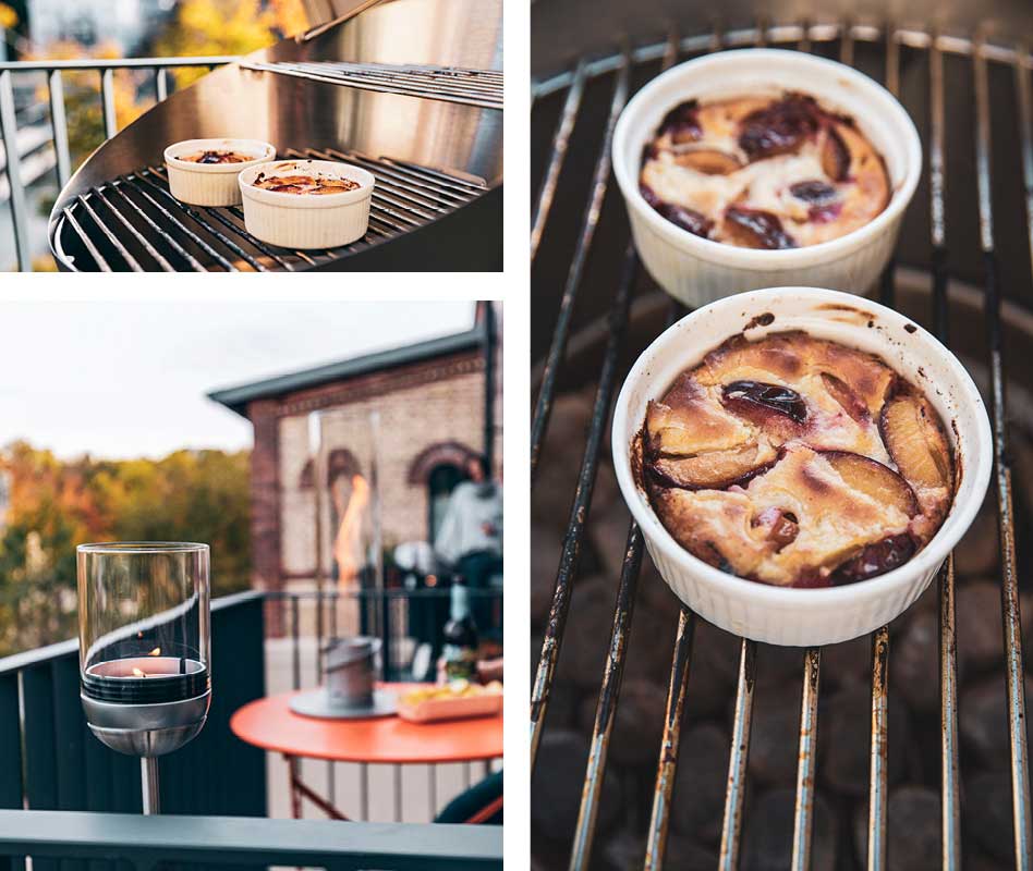 Das Foto zeigt eine Collage aus einem Grill, einem Glas Wein und einem Kuchen, mit dem CONE.