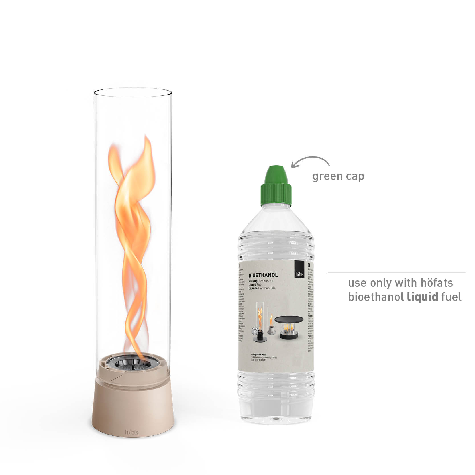 SPIN air 900 Cheminée de table sable SPIN air 900 Tischfeuer sand Studiobild, daneben Bioethanol flüssig Studiobild