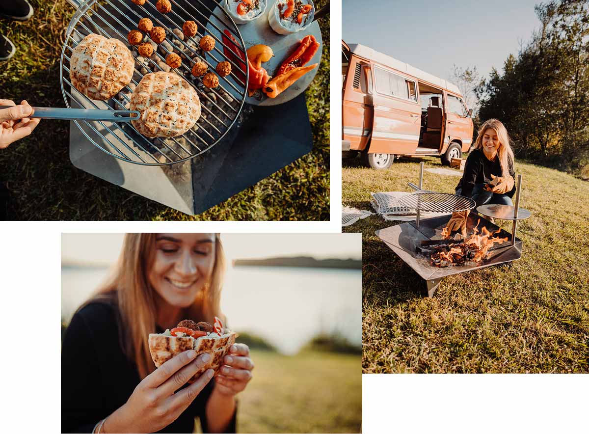 Szene zeigt eine Frau, die vor einem Wohnmobil auf einer Decke sitzt