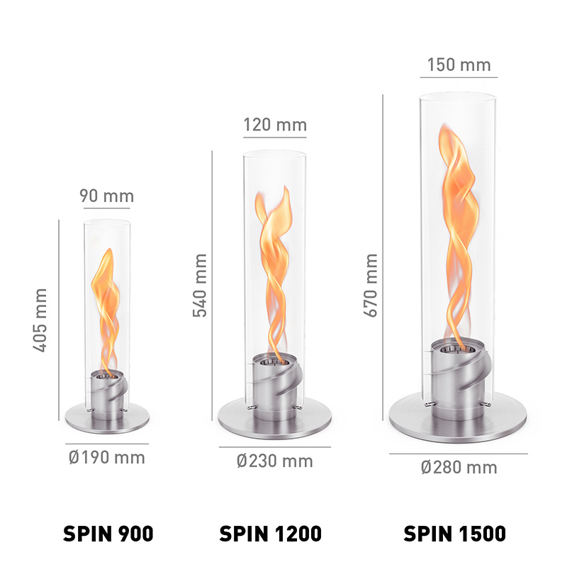 Scene showing SPIN Tablefire flames are available in various sizes