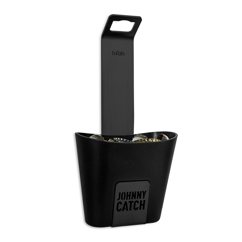 Ein schwarzer Kunststoffbehälter mit einem schwarzen Stahlgriff, der den 00842 Johnny Catch Cup Black Flaschenöffner zeigt, der Design mit Nutzen vereint.