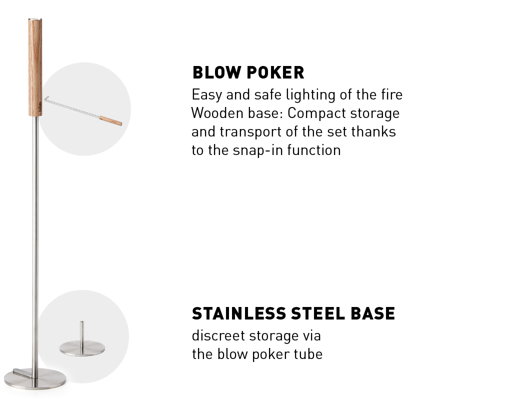 A view of the Fire Tools with a wooden base and a metal base