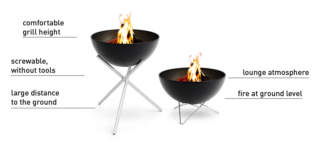 Scene showing two black fire pit. A compairison between the to bowl variants.