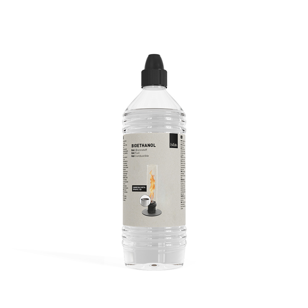 Illustrated is a bottle of liquid with a black cap, with the LOGO SPIN Table-top fireplace.