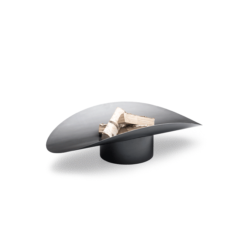 Vue d'un vase noir avec une feuille d'or dessus, avec le bol à feu ELLIPSE.