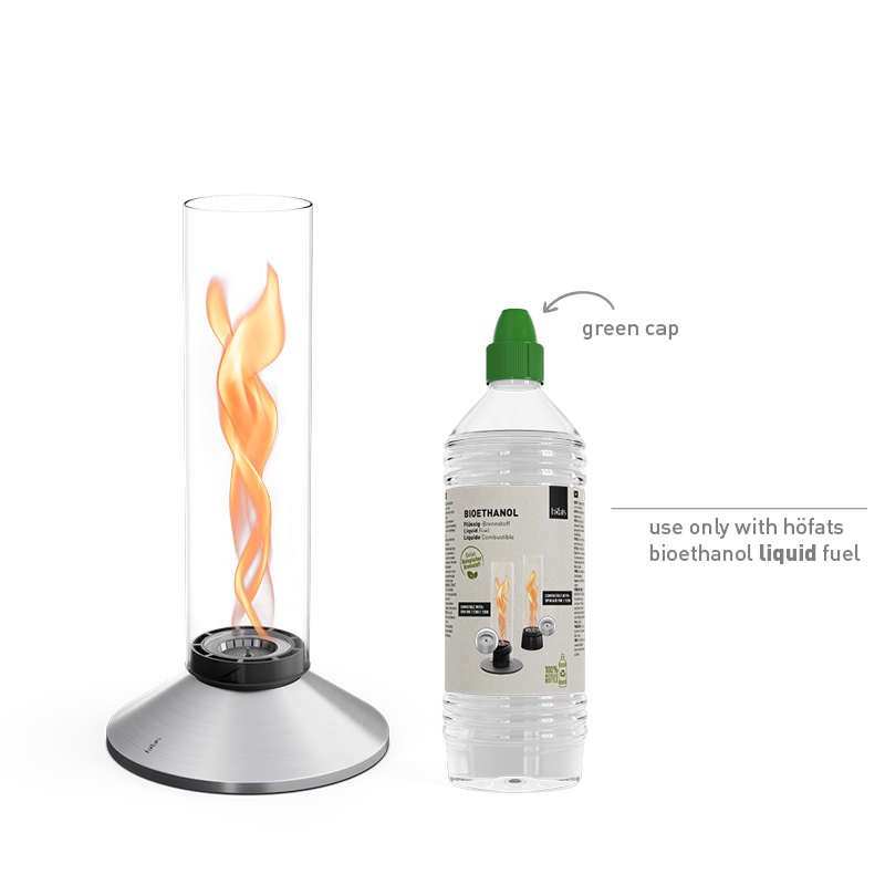 SPIN X 1200 Tabletop Fireplace silver SPIN X 1200 Tischfeuer silber Studiobild, daneben Bioethanol flüssig Studiobild