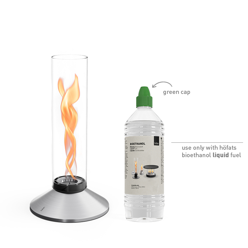 SPIN X 900 Cheminée de Table argent SPIN X 1200 Tischfeuer silber Studiobild, daneben Bioethanol flüssig Studiobild