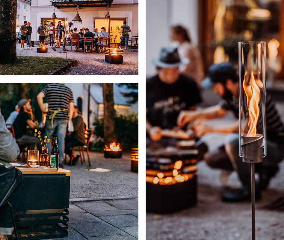 Experience a collagelage of photos of people sitting around a fire pit