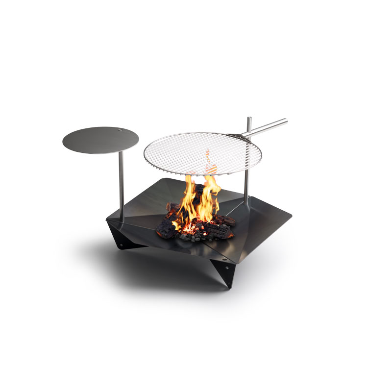 A black fire pit with a grill on top the Triple 90 Fireplace Multiset complements the moment with its thoughtful design.