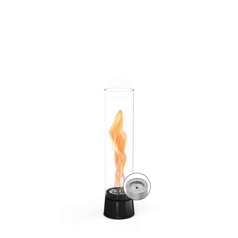 SPIN air 900 Tabletop Fireplace enamel black The 00776 Spin Air 900 Tablefire Emaille black is shown as a glass cylinder with a flame inside, creating a stylish and accessible visual.