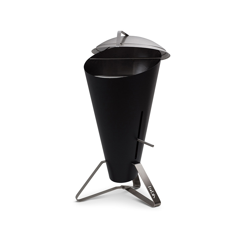 CONE Charcoal Grill Depicted here is a black and silver bbq grill with a metal stand, with the CONE Charcoal Grill.