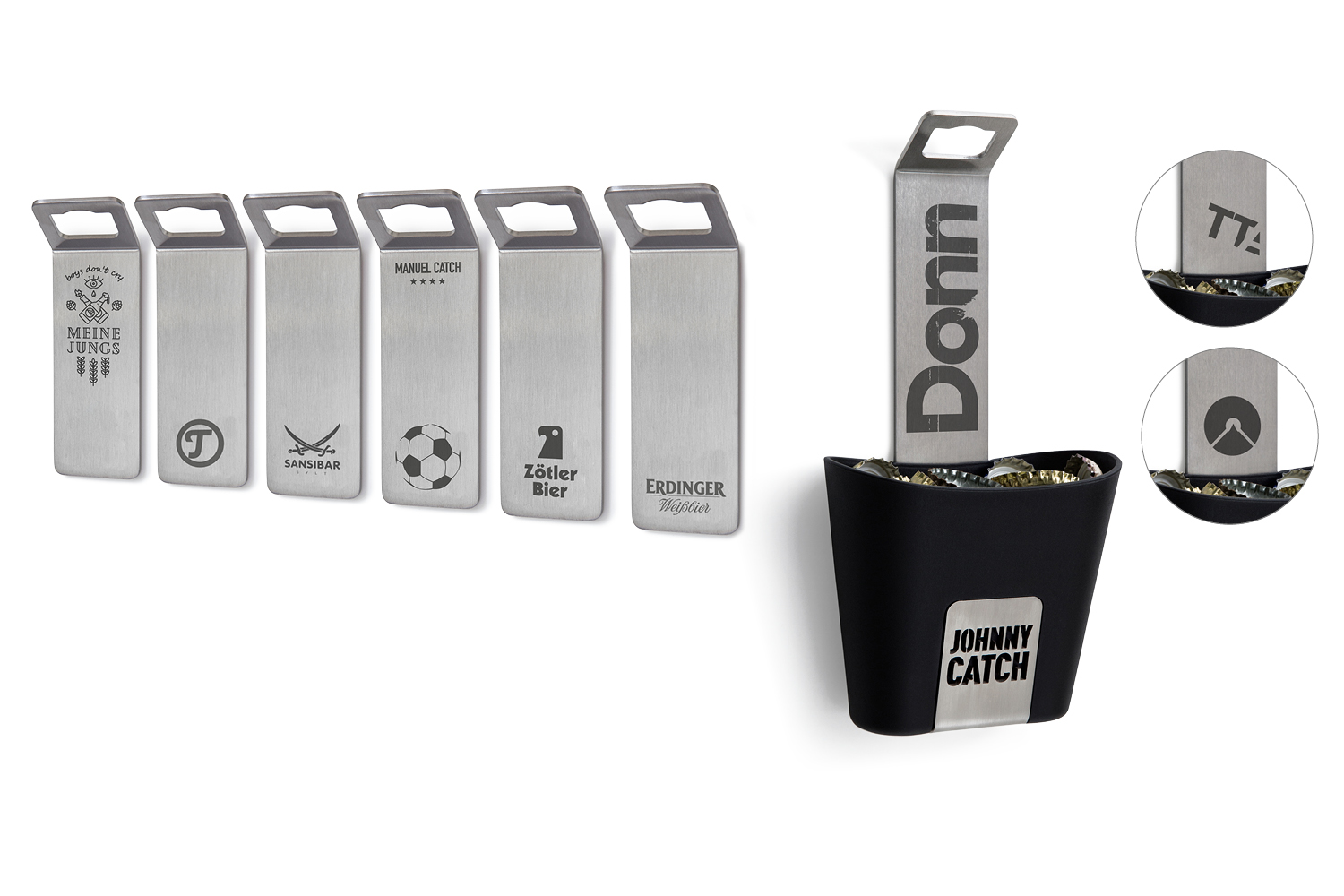 A white background with the Johnny Catch bottle opener showing different samples of the individualisation feature.