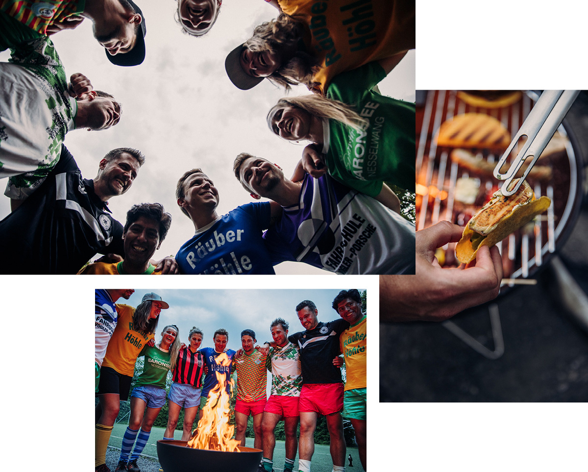 Ein Bild, das eine Gruppe von Menschen zeigt, die um eine Feuerstelle herumstehen