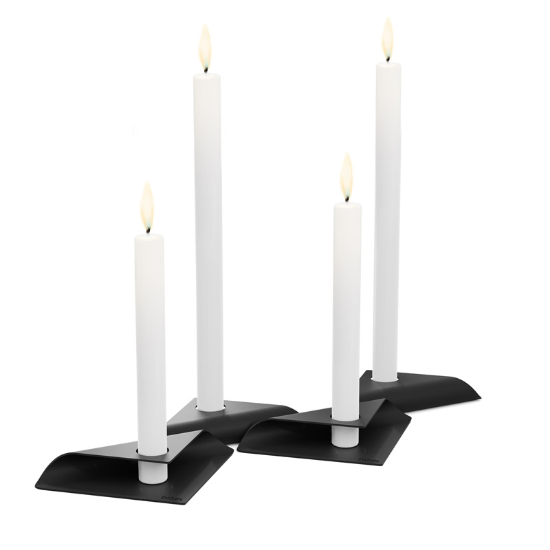 Illustrated is two white candles on a black stand, with the SQUARE CANDLE Candleholder Set black.