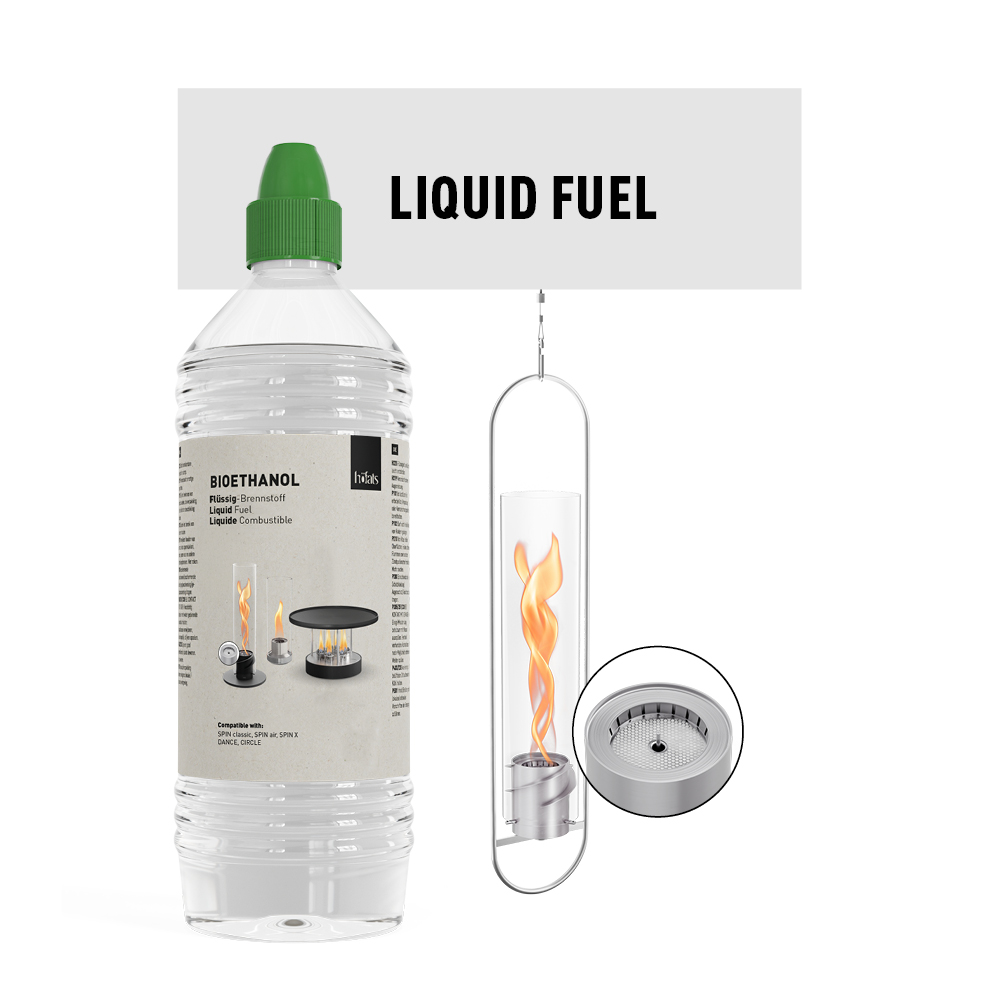a bottle of liquid bioethanol and a SPIN Hanging fire next to it