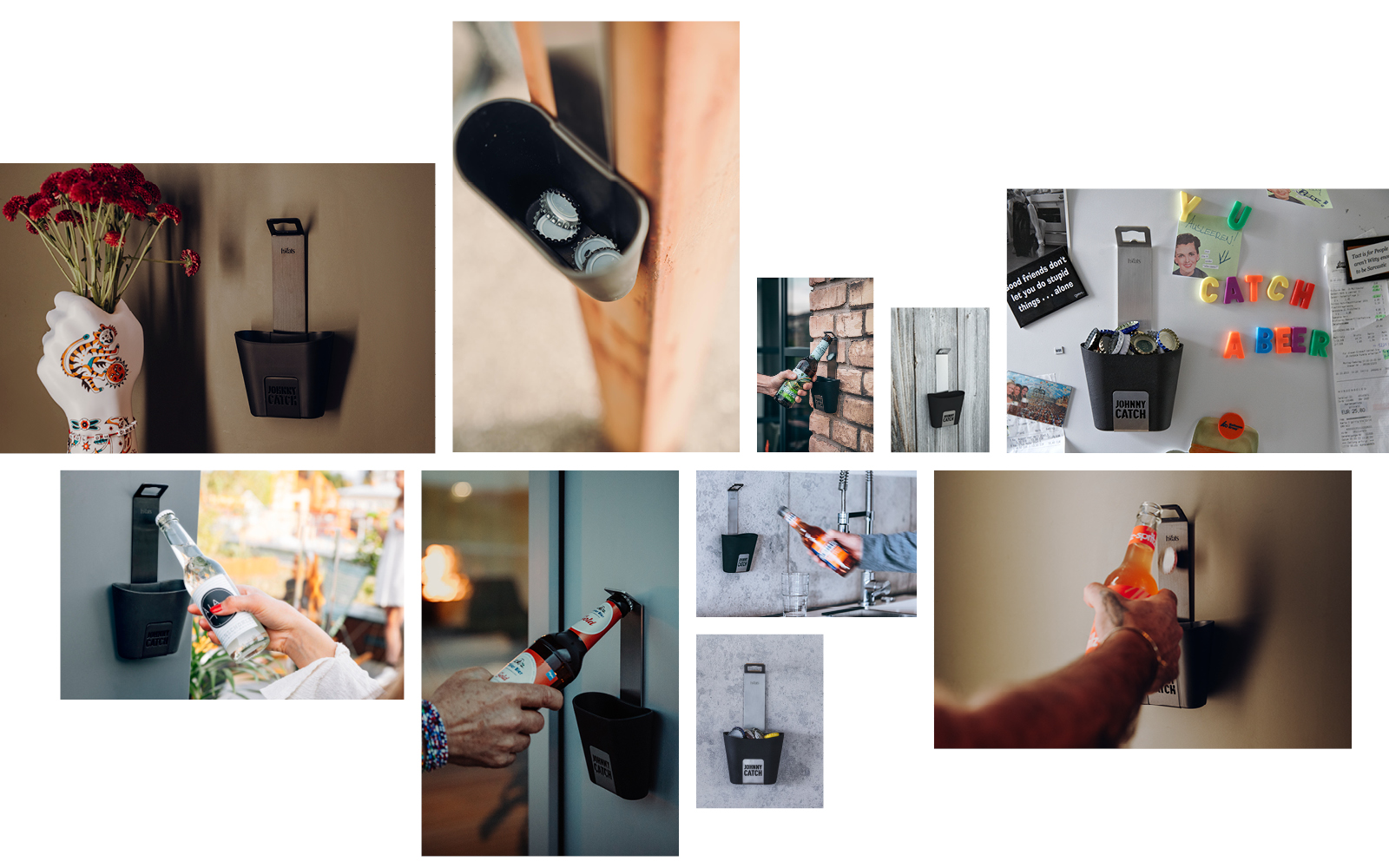 Eine Collage von Bildern, die die verschiedenen Platzierungen eines Flaschenöffners zeigen, wobei der Johnny Catch Magnet Flaschenöffner der Szene eine funktionale und elegante Note verleiht.
