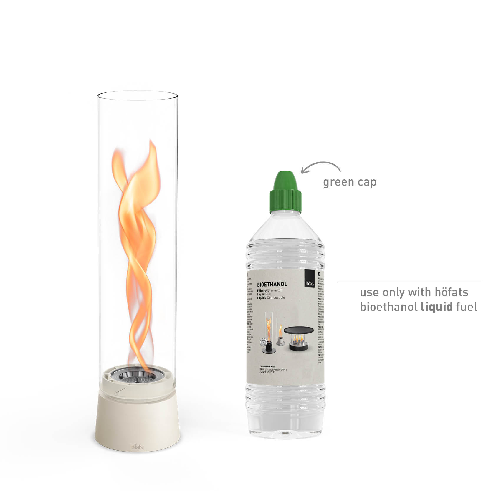 SPIN air 1200 Tabletop Fireplace cream SPIN air 1200 Tischfeuer creme Studiobild, daneben Bioethanol flüssig Studiobild