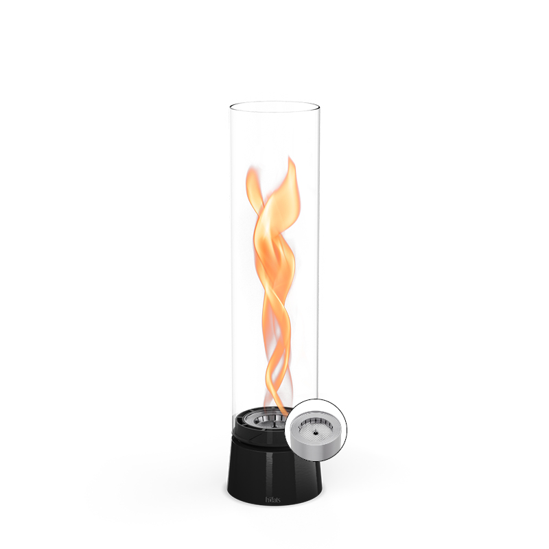 A depiction of a glass cylinder with a flame inside, featuring the 00777 Spin Air 1200 Tablefire Emaille black as a central and purposeful element.