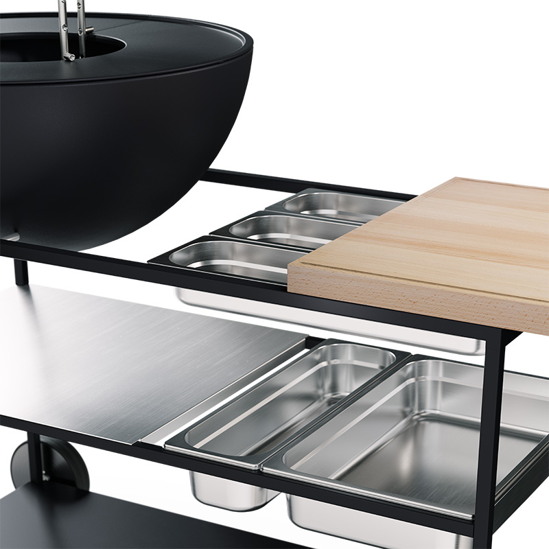 FIRE KITCHEN Stainless Steel Container Set (5 pcs) a black metal frame with a wooden cutting board and stainless steel container, showing the refined touch of the 00764 FIRE KITCHEN Stainless Steel Container Set (5 pcs)