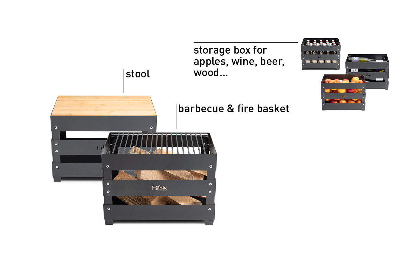 The Crate Firebasket is shown with ist accessories and possible use cases